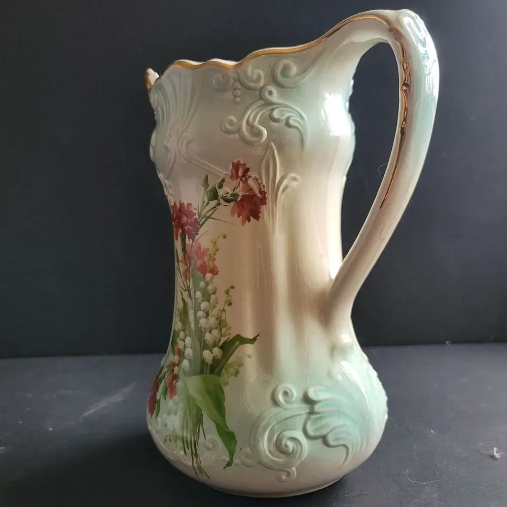 Vtg Pitcher Grandma Core Pitcher Vase Signed RS Prussia Gold Blue 9